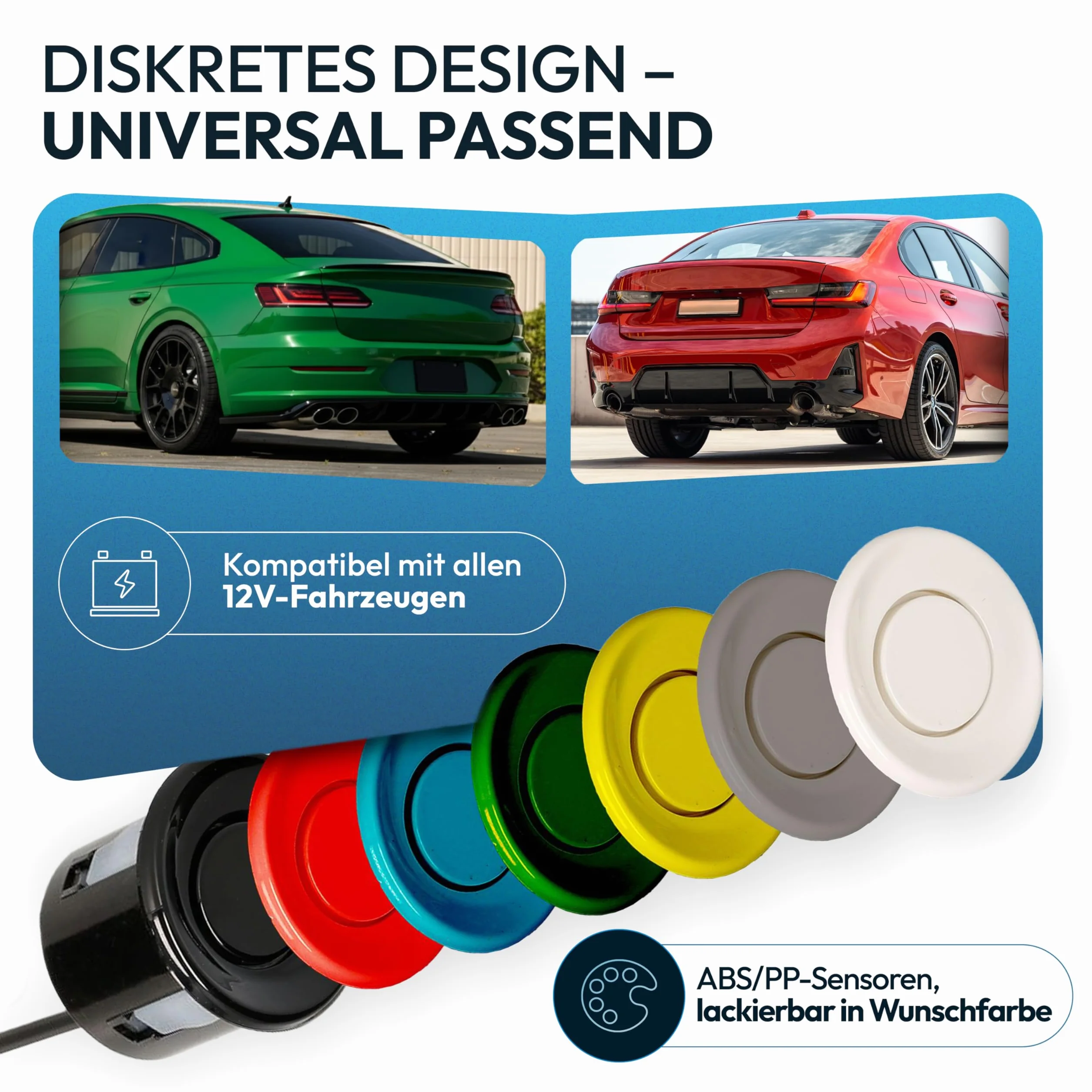VSG24 Einparkhilfe Set hinten mit 4 Sensoren – robuste PDC Parkhilfe für Auto, SUV & Transporter – akustischer Rückfahrwarner, 30–150 cm Reichweite – 12V Nachrüstsystem