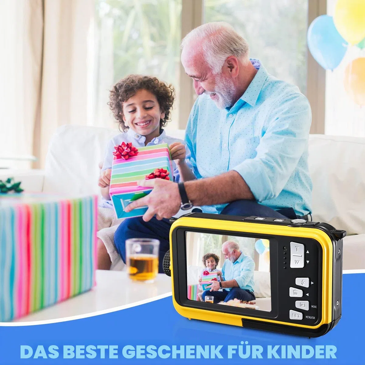 Digitalkamera, Wasserdicht, Full HD 2.7 K, 24 MP, Unterwasserkamera, 16 X Zoom, Wasserdicht, mit Doppelbildschirm, Autofocus für Jugendliche, Schüler, Anfänger, Gelb