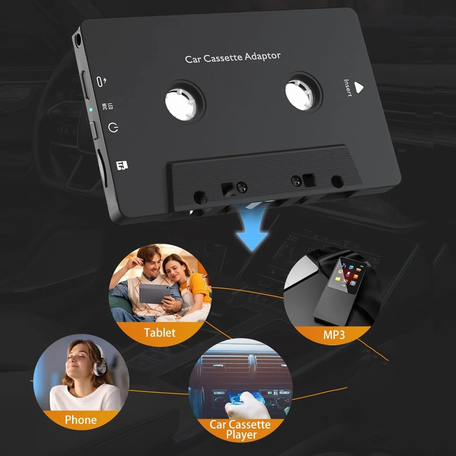 Asixxsix Car Audio Bluetooth 5.4 Kassettenempfänger, Kabelloser Kassetten-Aux-Adapter mit Lenkradfernbedienung, für Smartphones, Tablets, MP3-TF-Karte