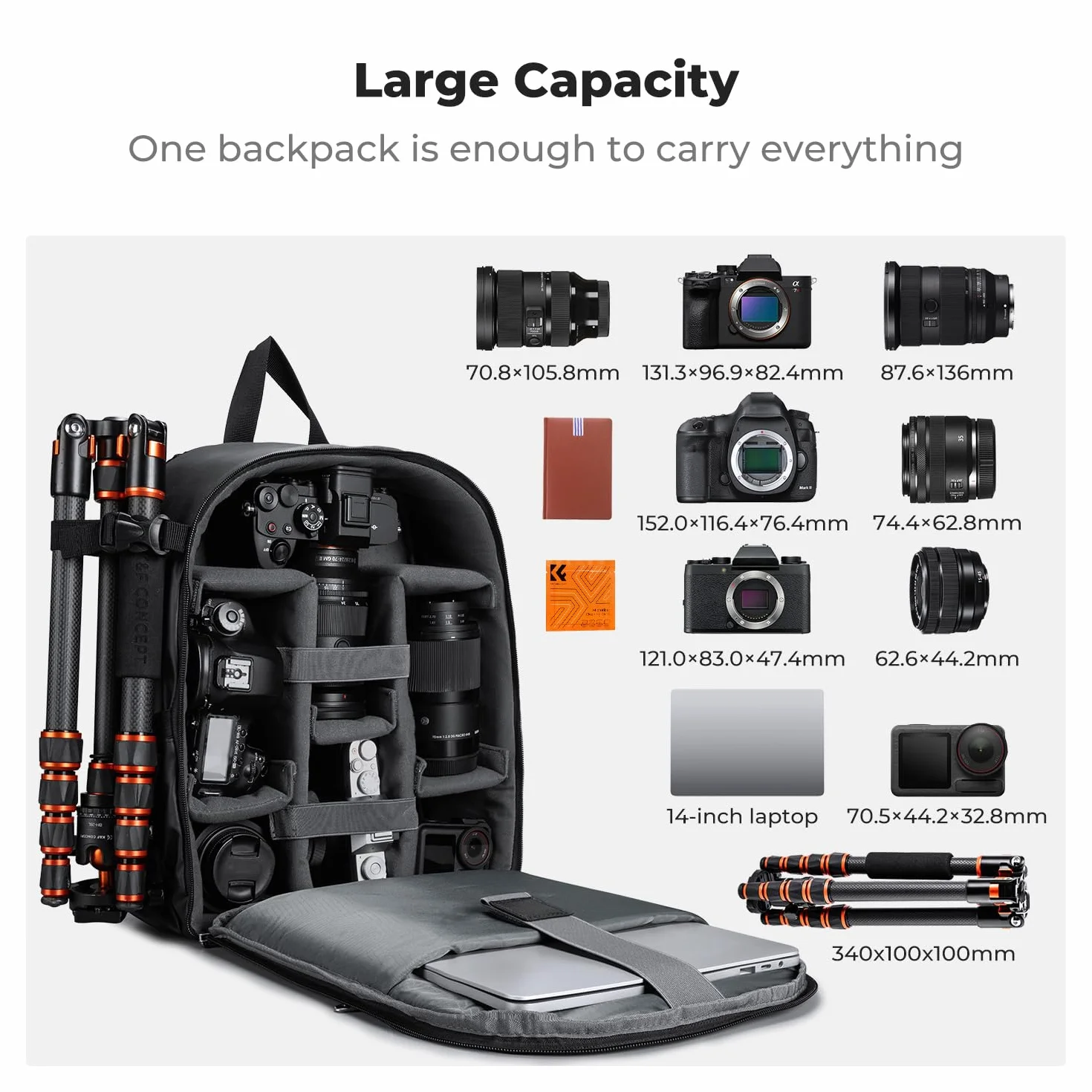K&F CONCEPT Kamerarucksack Fotorucksack Kompakt & Leicht mit Regenschutz, Camera Backpack für Spiegelreflex DSLR SLR Stativ, Kameratasche für Fotografie & Alltag