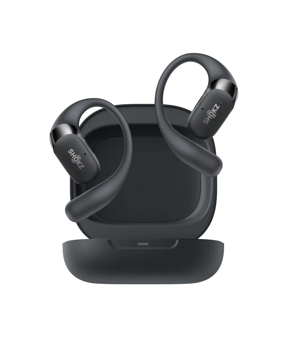 SHOKZ OpenFit 2 Open-Ear-Kopfhörer, True-Wireless-Bluetooth-Ohrhörer mit Mikrofon, Ohrbügel-Open-Ear Headphones mit 48 Stunden Wiedergabezeit, Schnellladung, IP55 Wasserfest, mit Tragetasche, Schwarz