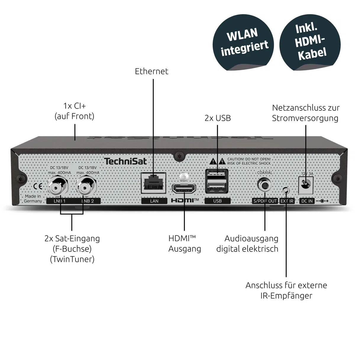 TechniSat DIGIPLUS UHD S2-4K Sat Receiver mit alphanumerischem Display und Twin Tuner (DVB-S/DVB-S2, HEVC, H.265, PVR Aufnahmefunktion, WLAN, LAN, CI+, USB, OLED) schwarz