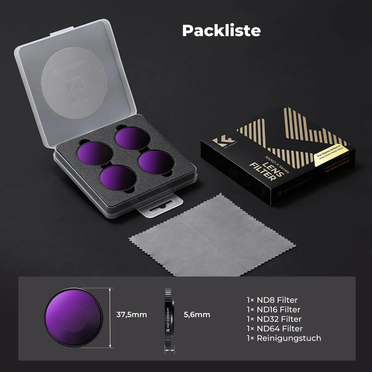 K&F CONCEPT ND Filter-Set Kompatibel mit DJI Osmo Action 6, Schraubenbefestigung Graufilter ND8 ND16 ND32 ND64 4er-Pack Lichtreduzierende Filter zur Belichtungssteuerung aus Optischem Glas