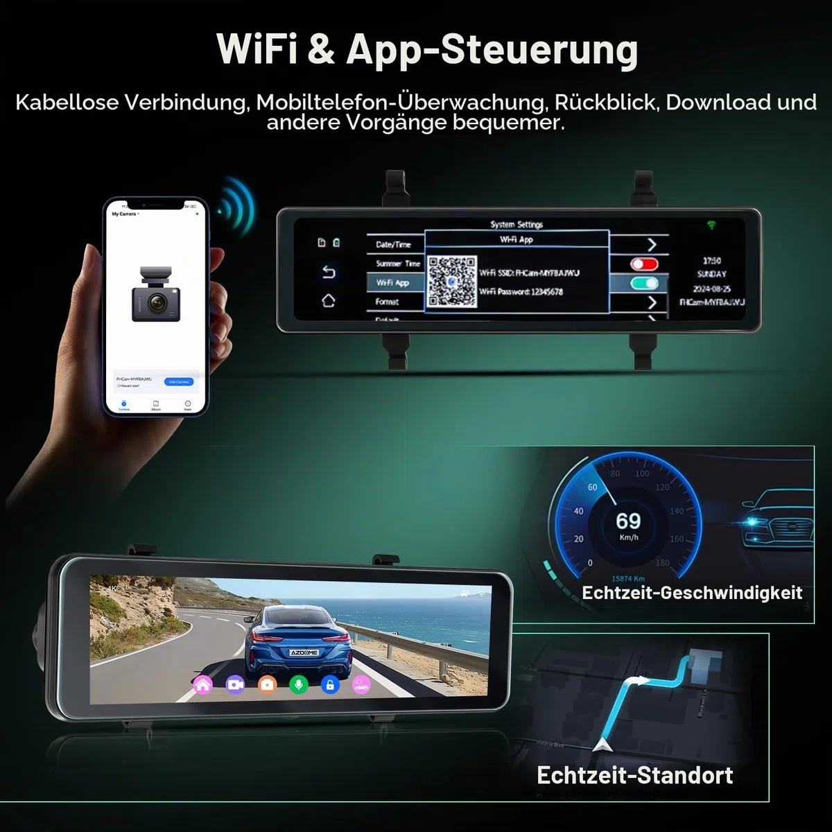 Hodozzy 4K+1080P Rückspiegel Dashcam Auto, GPS ADAS BSD WLAN & App, 10,88 Zoll Touchscreen Spiegel Dash Cam Vorne und Hinten mit Rückfahrkamera, Parkmodus, G-Sensor, Loop, Nachtsicht, 64GB TF Karte