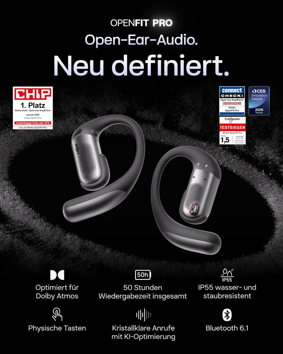 SHOKZ OpenFit Pro Open-Ear-Kopfhörer mit Open-Ear Geräuschreduzierung, Optimised for Dolby Atmos, Tiefe Bässe, 50H Akku, klare Anrufe für Arbeit, Sport, Outdoor Bluetooth 6.1, IP55, Schwarz