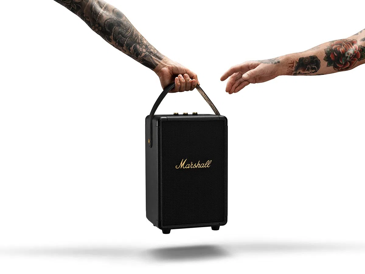 Marshall Tufton Outdoor Tragbarer Bluetooth Partylautsprecher, IPX2 wasserbeständig – Schwarz und Messing