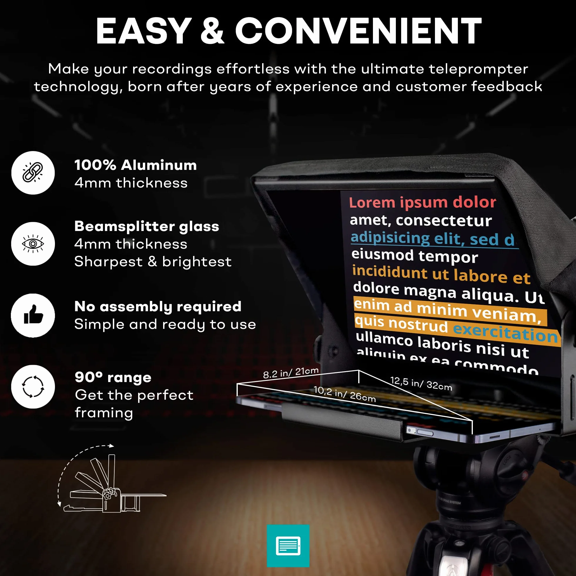 iLight PRO 12" Autocue Teleprompter iPad Tablet - Kit Teleprompter für Video mit Fernbedienung, APP & Tragetasche, Beam Splitter Prompter DSLR, iPhone, APP für Apple Android Mac Win