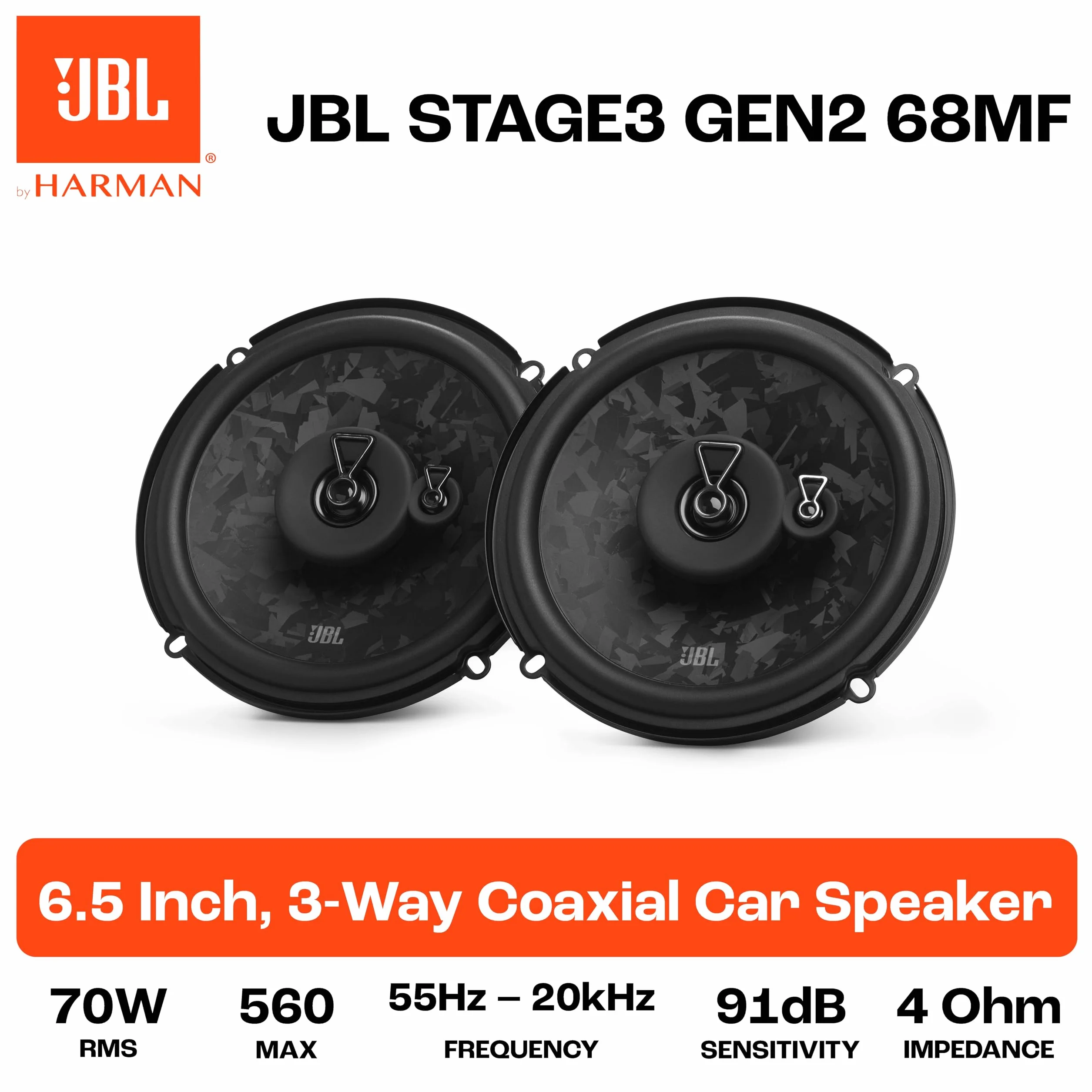 JBL Stage3 Gen2 68MF 165mm 6,5 Zoll 3-Wege Koaxial Lautsprecher Auto Boxen | 70W RMS / 560W Peak, 91dB, 4 Ohm Impedanz, 55Hz-20kHz Frequenzgang, PEI Hochtöner, ohne Gitter, laser-geätztes Cone-Design