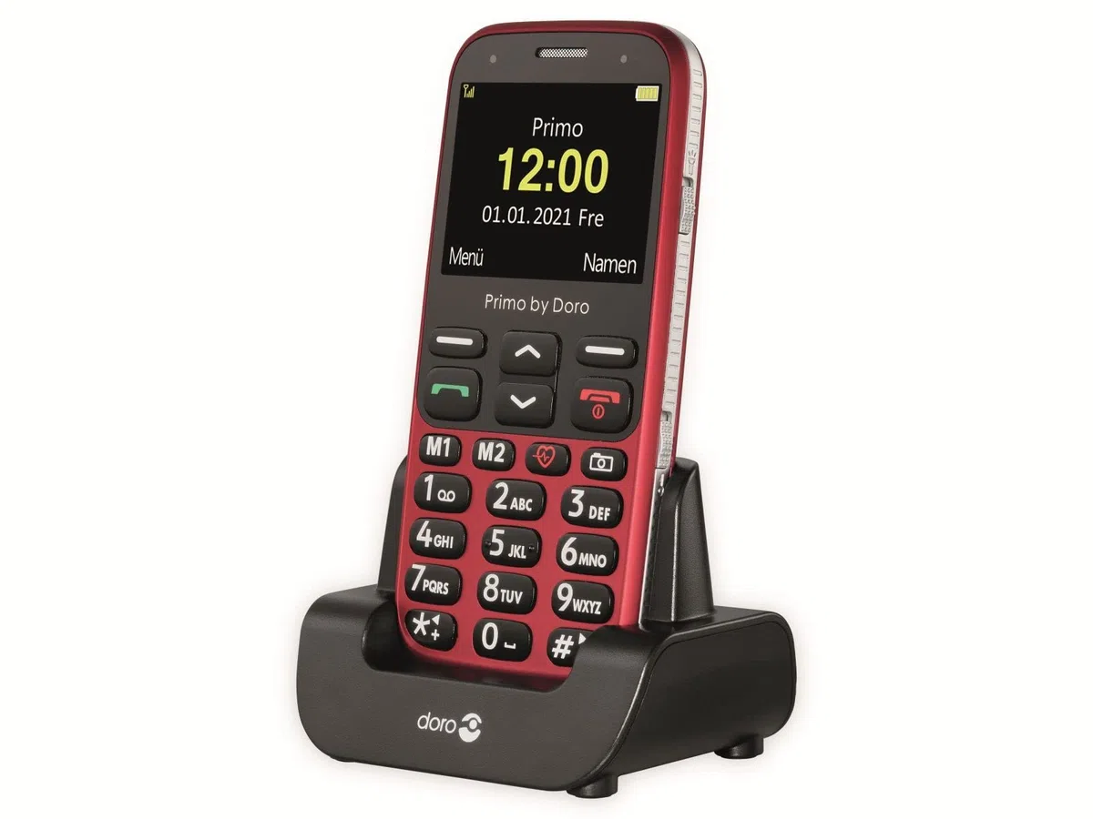 Primo 368 by Doro GSM Mobiltelefon mit froßem Farbdisplay, Fallsensor, Taschenlampe, FM-Radio, Kalender, inkl. Tischladestation, 360086, rot