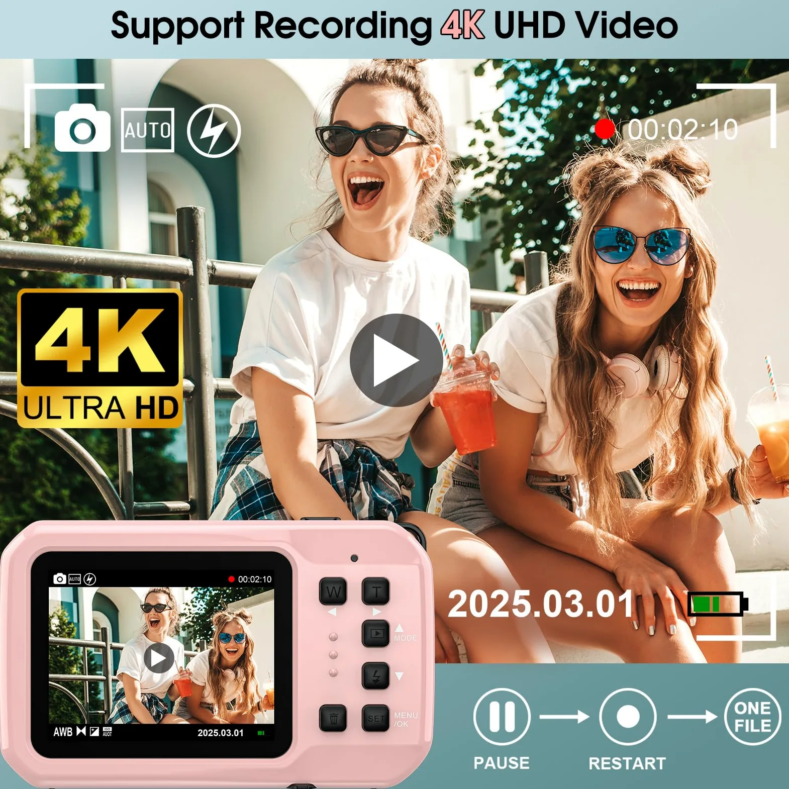 Unterwasserkamera, Yixinxin Digitalkamera wasserdichte 4K 64MP 16FT Autofokus wasserdichte Kamera zum Schnorcheln, IPS HD Bildschirm 16X Digitalzoom und 16GB Karte