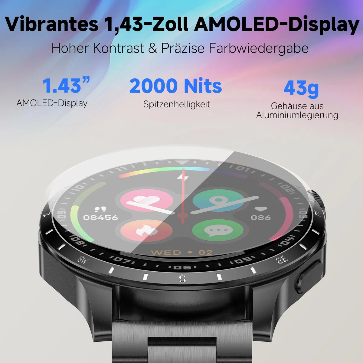 Smartwatch Herren GT 5 44mm Smart Watch,1,43" AMOLED GPS & kostenloses Kartenmaterial, 7 Tage Akku, Fitness Tracker mit 100+ Sportmodi, Wasserdicht für Android & iPhone