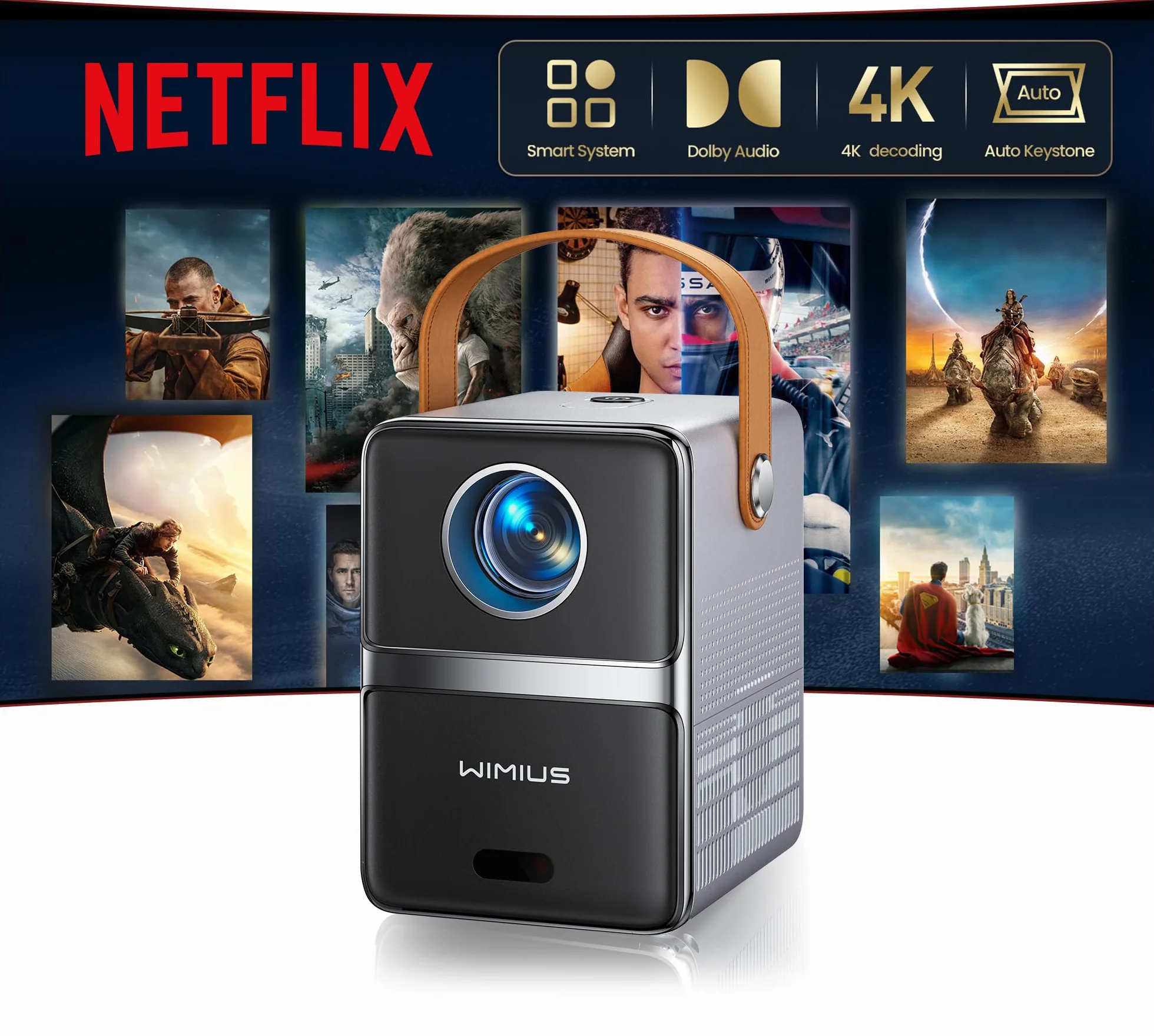 Mini Beamer 4K Smart Beamer Klein with WiFi6 2-Wege Bluetooth Full HD 1080P Elektrischer Fokus Auto Vertikale Trapezkorrektur Kurzdistanz Projektor