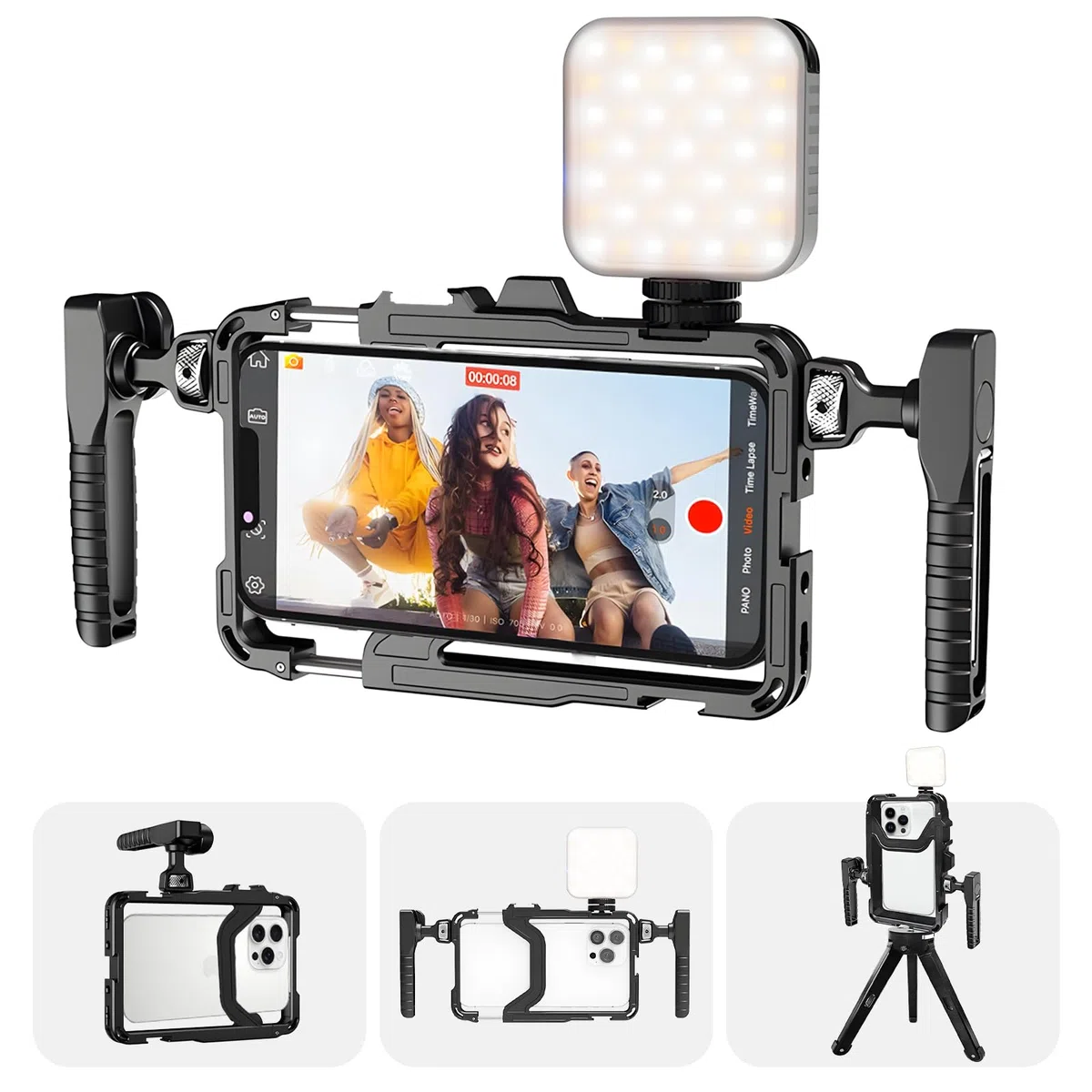 Phone Video Stabilizer Rig Kit:Phone Cage Rig for Video Recording with Handles LED Light Tripod - For Videomaker Videographer - for iPhone for Samsung for Pixel and Other Android Phones