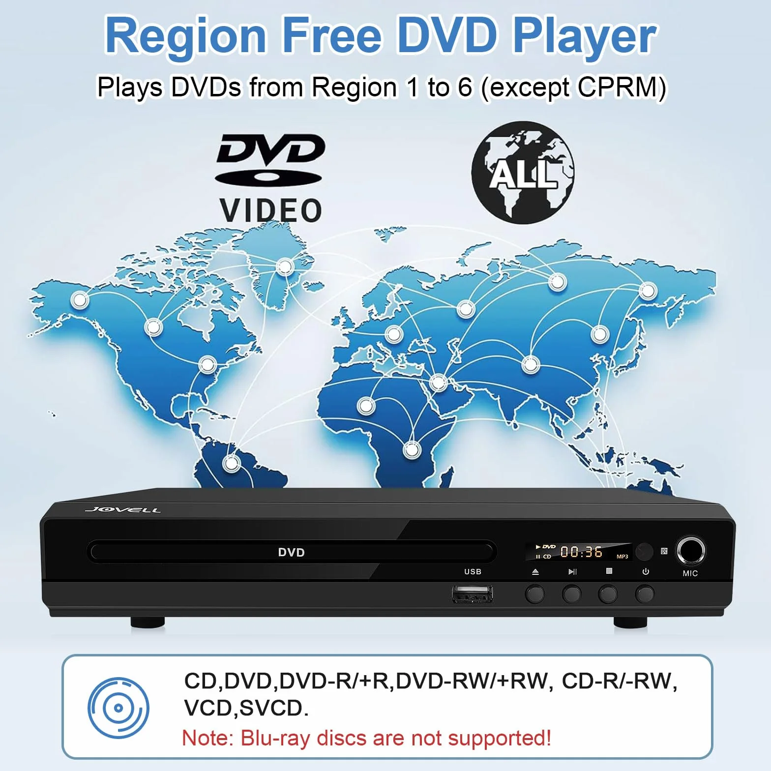 DVD-Player mit SCART-Anschluss, Kompakt DVD-CD-Player 1080P mit HDMI-Ausgang AV-Ausgang, Integriertes PAL/NTSC TV-System, Unterstützt MIC-Eingang, USB-Eingang, Fehlerkorrektur (DVD-170, Metallgehäuse)