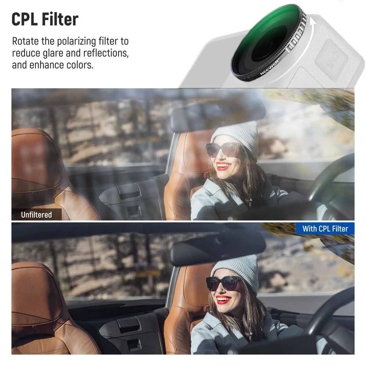 NEEWER CPL & ND Filter Set kompatibel mit DJI Osmo Action 4/Action 5 Pro (4er Pack), Anschrauben Polfilter CPL+ND8+ND16+ND32 Action Kamera Zubehör, mehrfach beschichtetes optisches, FL-A12