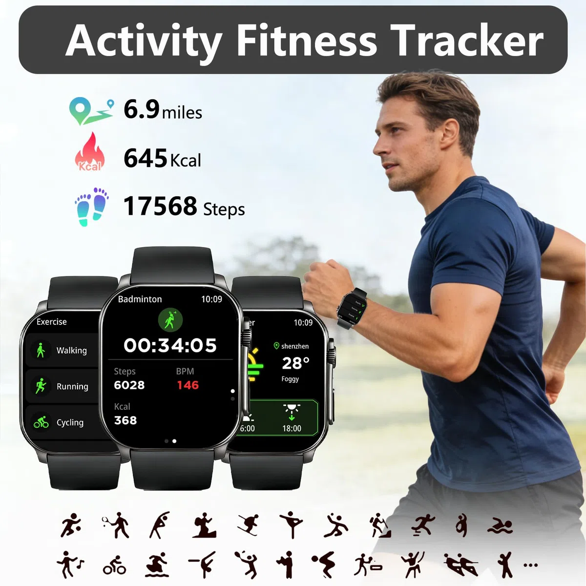 Smartwatch Damen Herren 2.01" HD AMOLED Curved Bluetooth-Anrufe Fitnessuhr Pulsmesser Schlafmonitor Schrittzähler IP68 Wasserdicht Lange Akkuleistung