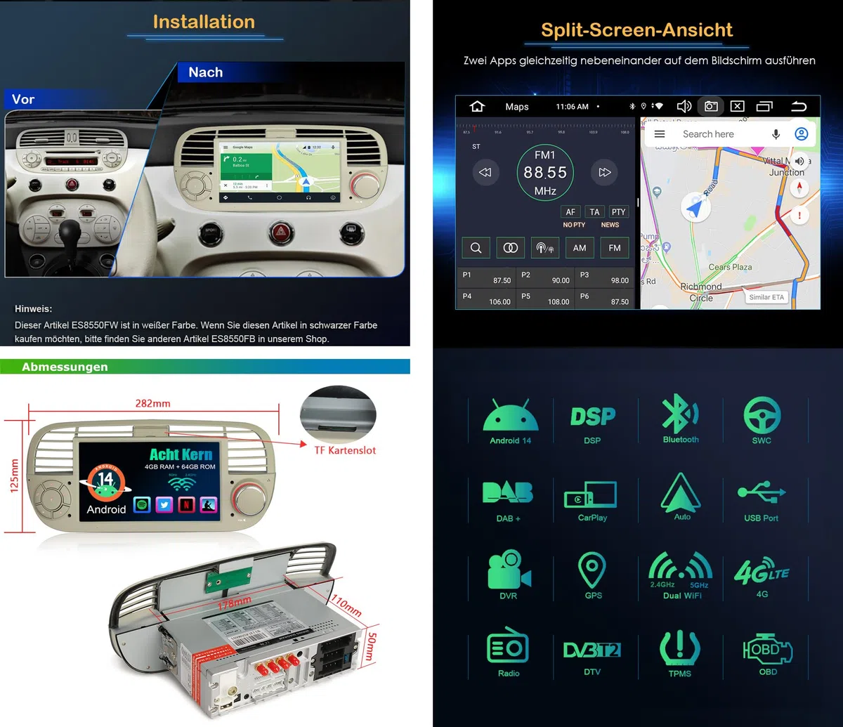 8 Kern 4GB+64GB Android 14.0 DAB+ Autoradio Für Fiat 500 500C 500S 500E mit Navigation GPS Unterstützt Wireless CarPlay Android Auto Bluetooth 5.0 WiFi 4G DSP CANBus USB RDS FM Radio DVR Kamera