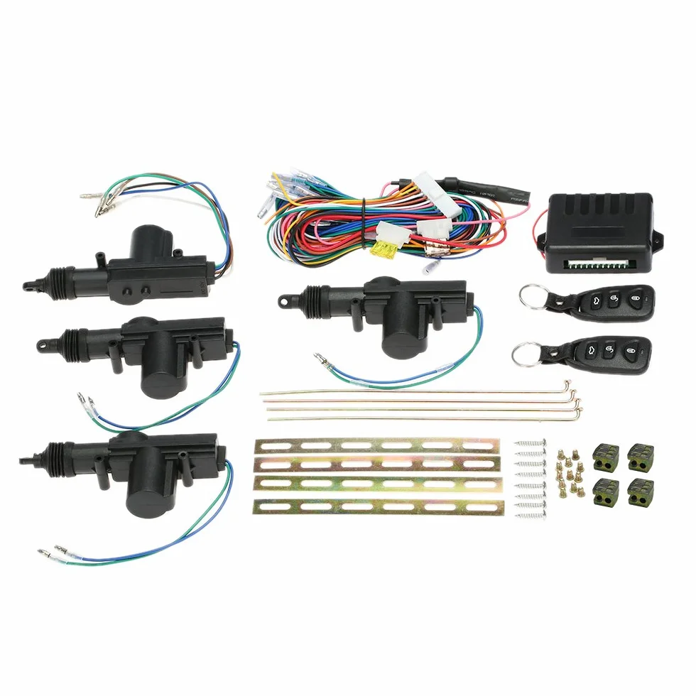 Geevorks Universal-Autotürschloss, 12 V, schlüsselloses Zugangssystem mit 2 Fernbedienungen, Auto-Power-Türschloss, Fernbedienung, Zentralverriegelung, Schwarz, 4 Stück