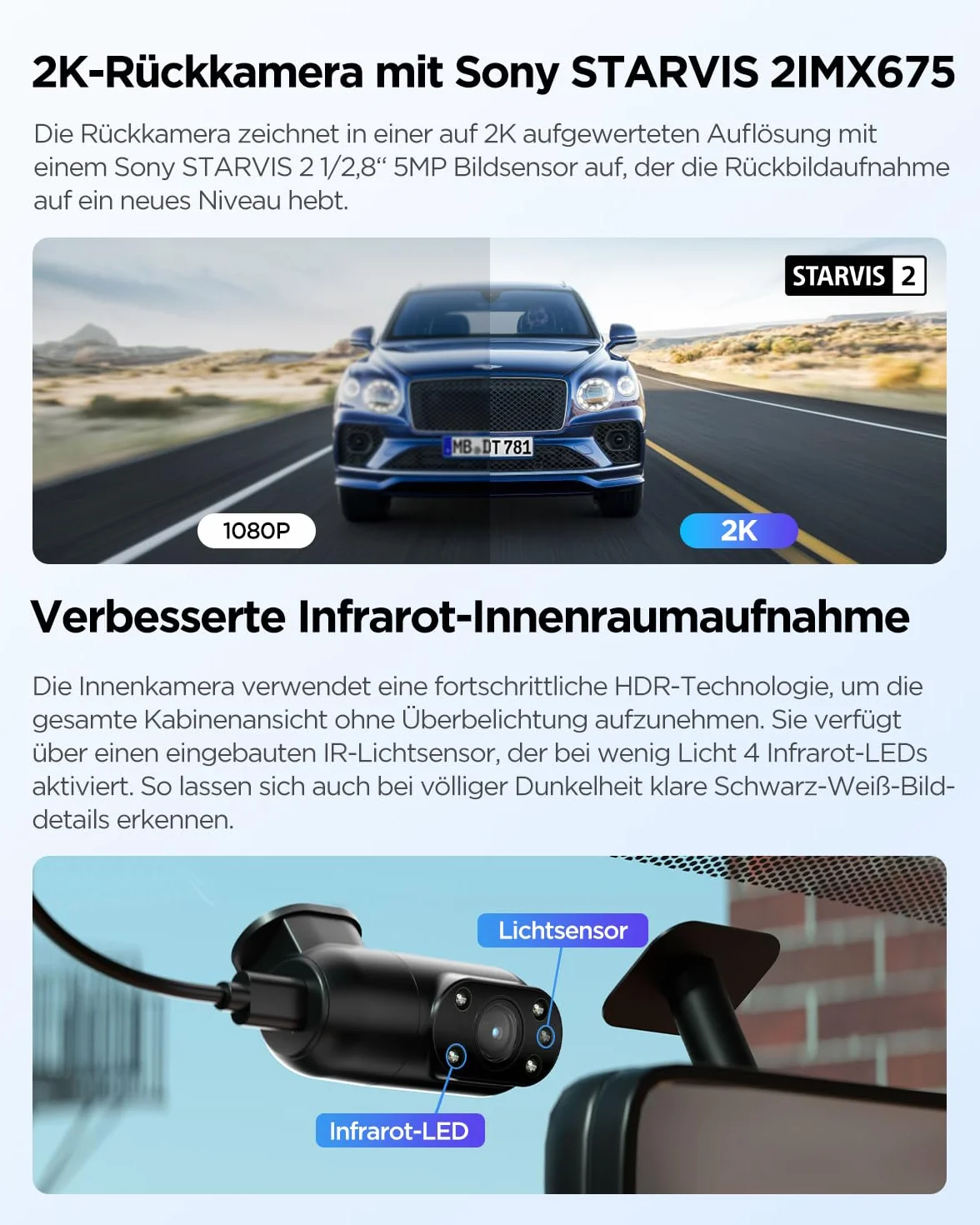VIOFO A229 Plus 3 Lens 2K + 2K + 1080P, Dual STARVIS 2, HDR Vorne hinten Dashcam Auto, Sprachsteuerung & 5GHz Wi-Fi WLAN Autokamera, Ultrapräzises GPS, Super Nachtsicht 2.0, Sprachausgabe, 512 GB Max