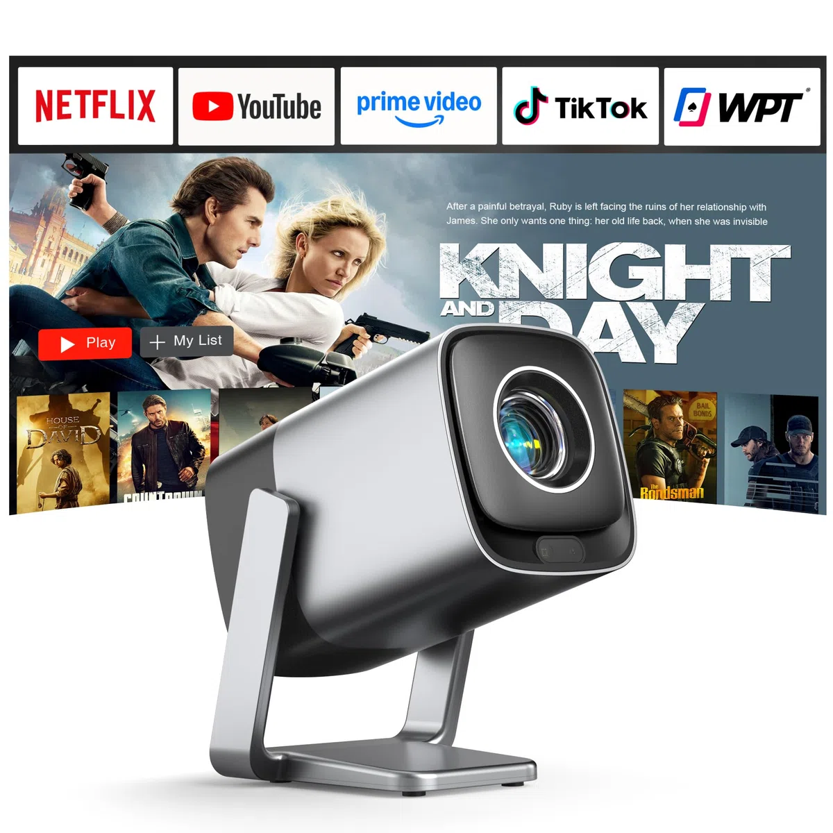 Smart Mini Beamer 4K Kompatibel mit Netflix & Dolby Audio, XuanPad 30000 Lumen Beamer mit TOF Autofokus & Trapezkorrektur, WiFi6 & Bluetooth, 210° Heimkino/Outdoor Silver Projektor für Handy/PC