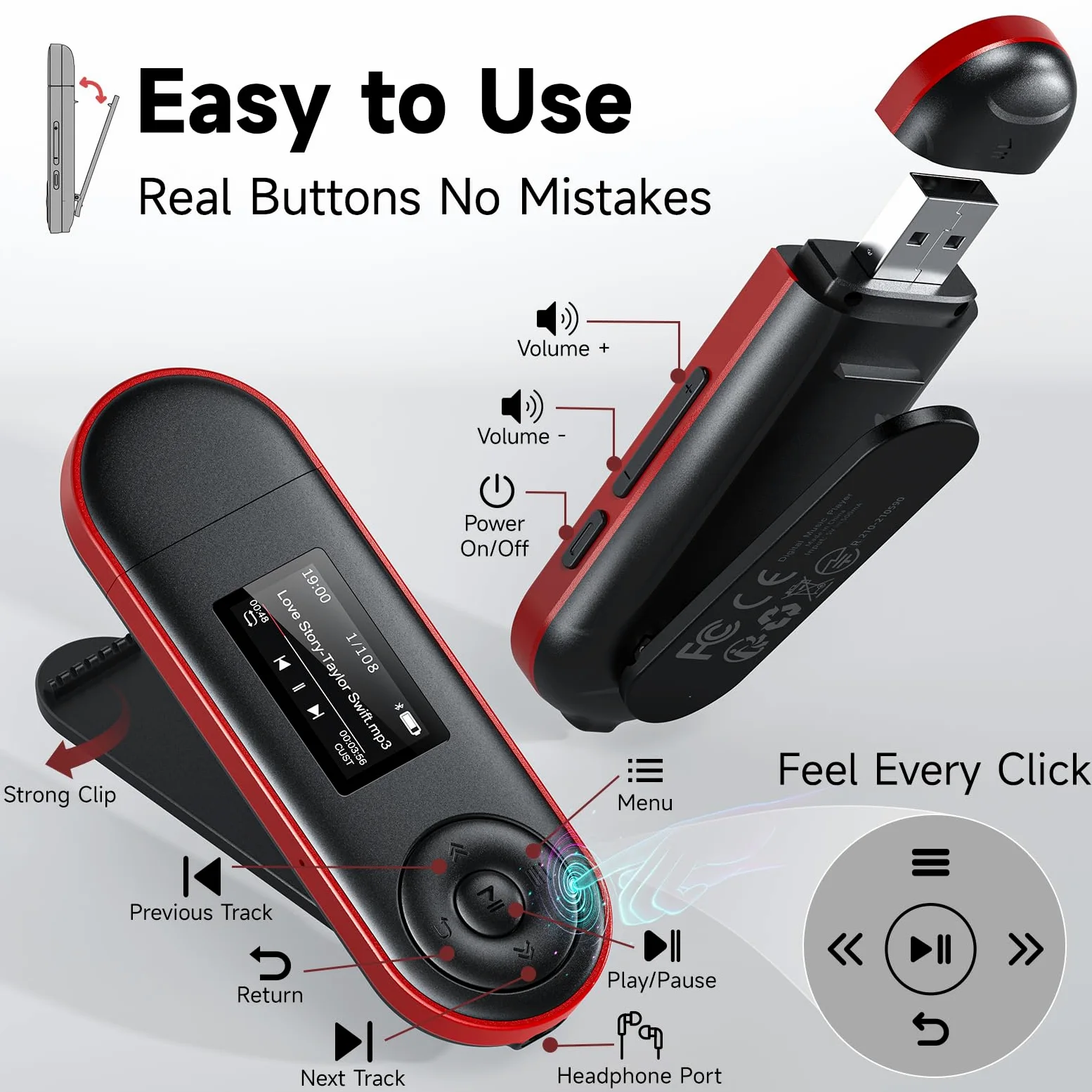 64GB MP3 Player mit Bluetooth 5.3, USB Plug & Play, Nur 28g, Physische Tasten für Blindbedienung, Clip für Sport & Laufen, Ordnerwiedergabe, FM Radio, Sprachaufnahme
