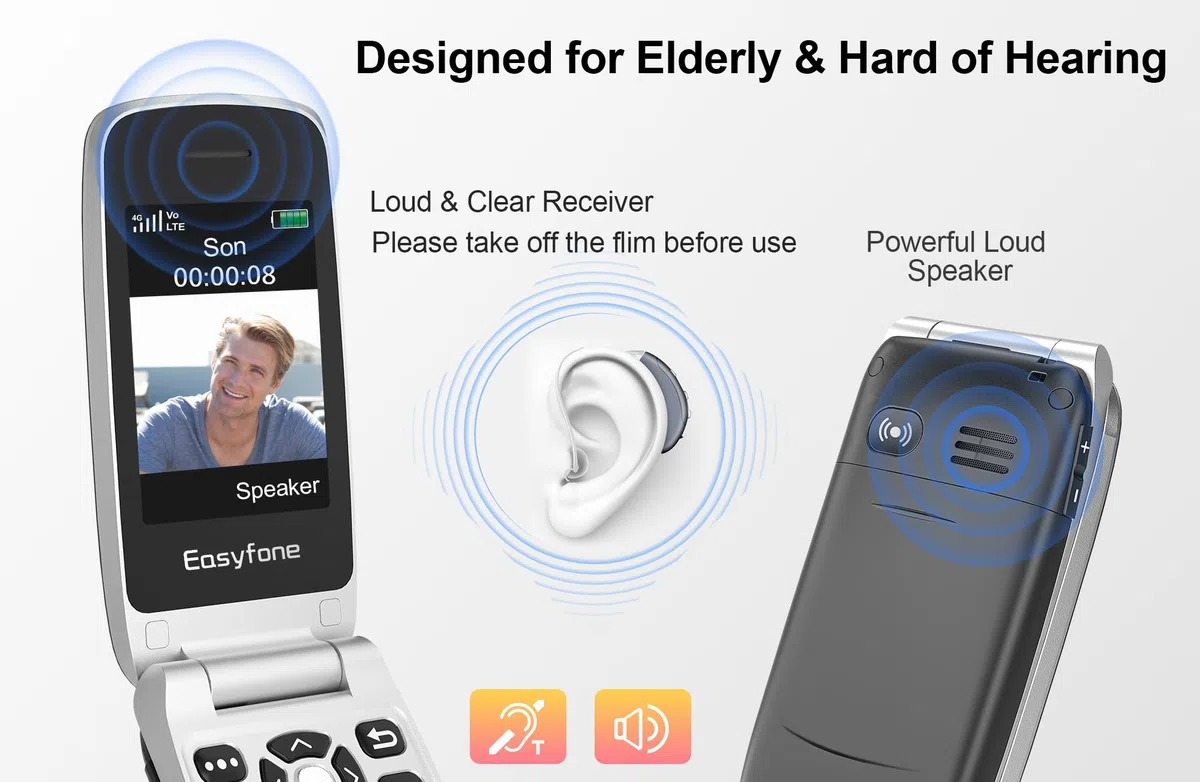 Easyfone Prime-A1 Pro 4G Seniorenhandy Klapphandy ohne Vertrag, Großtasten Mobiltelefon SOS Notruffunktion, FM Radio, 2.4 Zoll HD-Dual Display Handy für Senioren, 1500mAh Akku und Ladestation