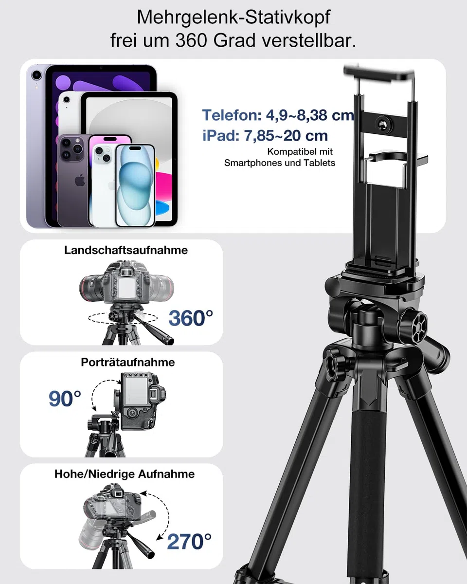CAMBOFOTO 186cm Aluminium Stativ für DSLR, Spiegellose Kameras, Handys, Camcorder, mit Handyhalterung & Reisetasche (Schwarz)