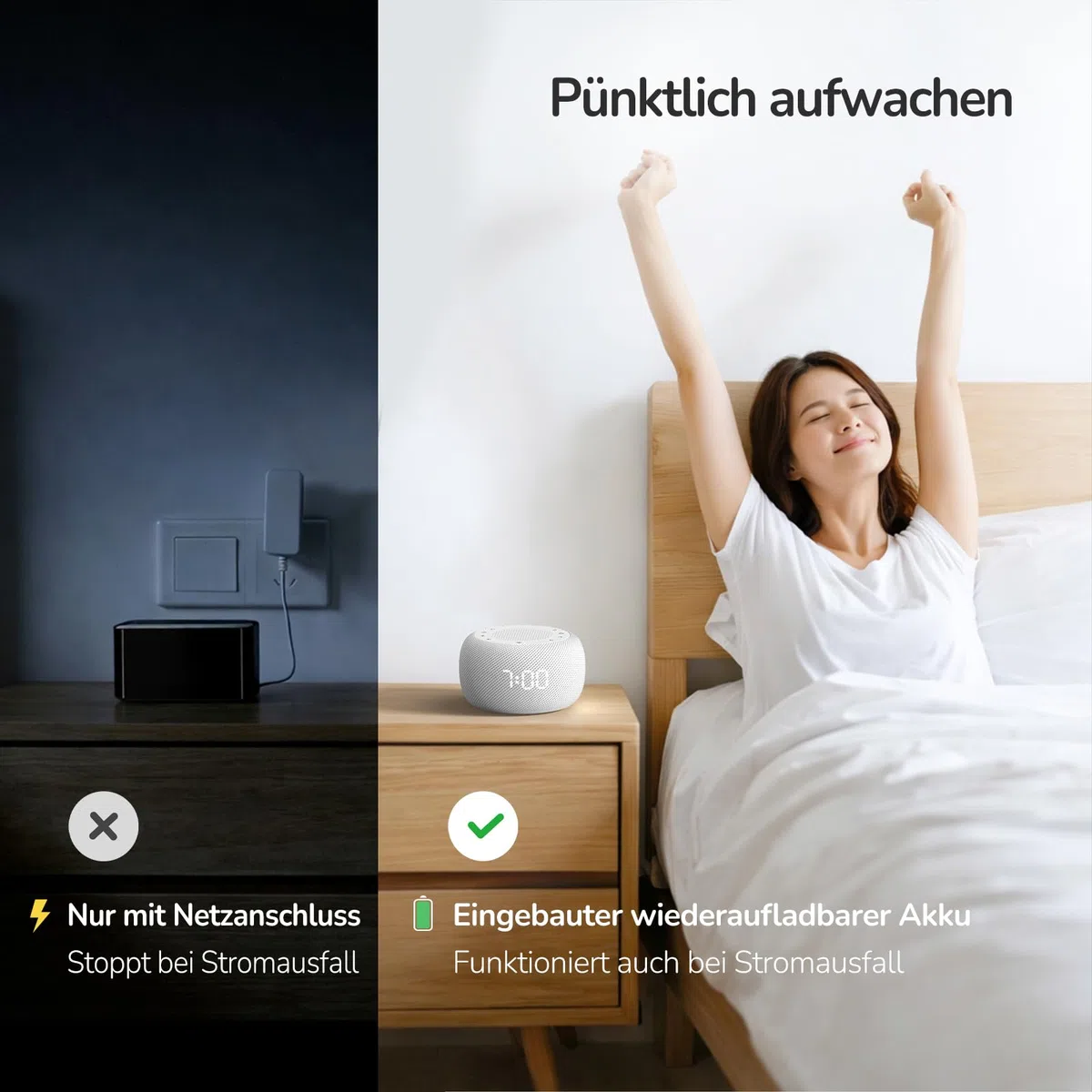 BUFFBEE Radiowecker mit wiederaufladbarem Akku & Bluetooth-Lautsprecher | 9 sanfte Wecktöne, dimmbares Nachtlicht & Display, Schlummerfunktion, tragbares Design für Zuhause, Büro & Reisen