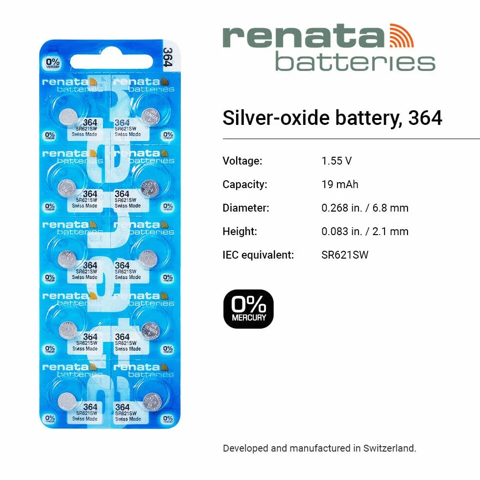 Renata 364 SR621SW Knopfzellen 10 Stück x 100 = 100 Silber 1,55 V Made in Swiss