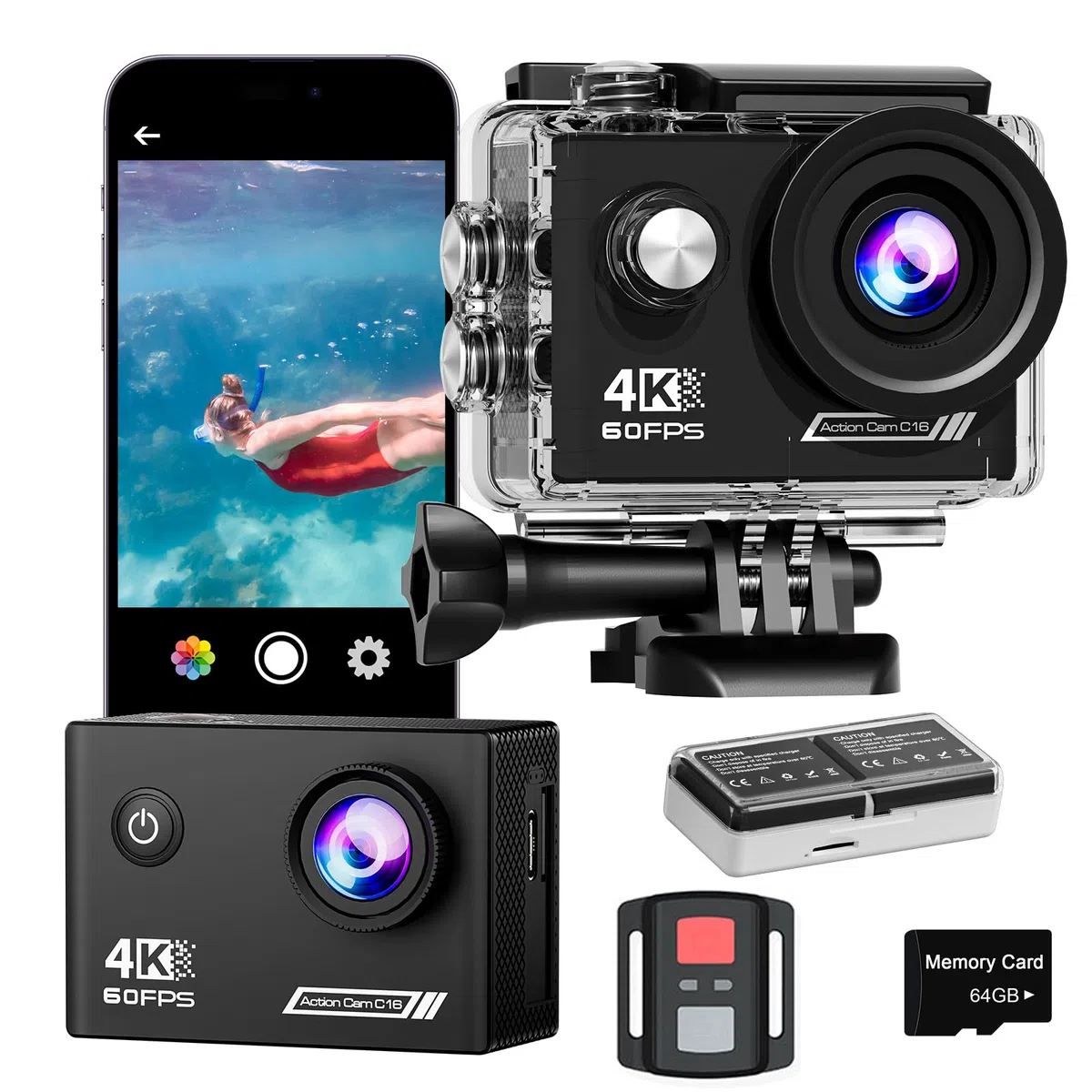 4K60FPS Action Kamera, 40M wasserdichte Action Cam Unterwasserkamera mit 64 GB SD-Karte, 6-Achsen-Stabilisierung, Motorradkamera mit 8-Fach-Zoom und 2,4-GHz-Fernbedienung, Helmzubehör