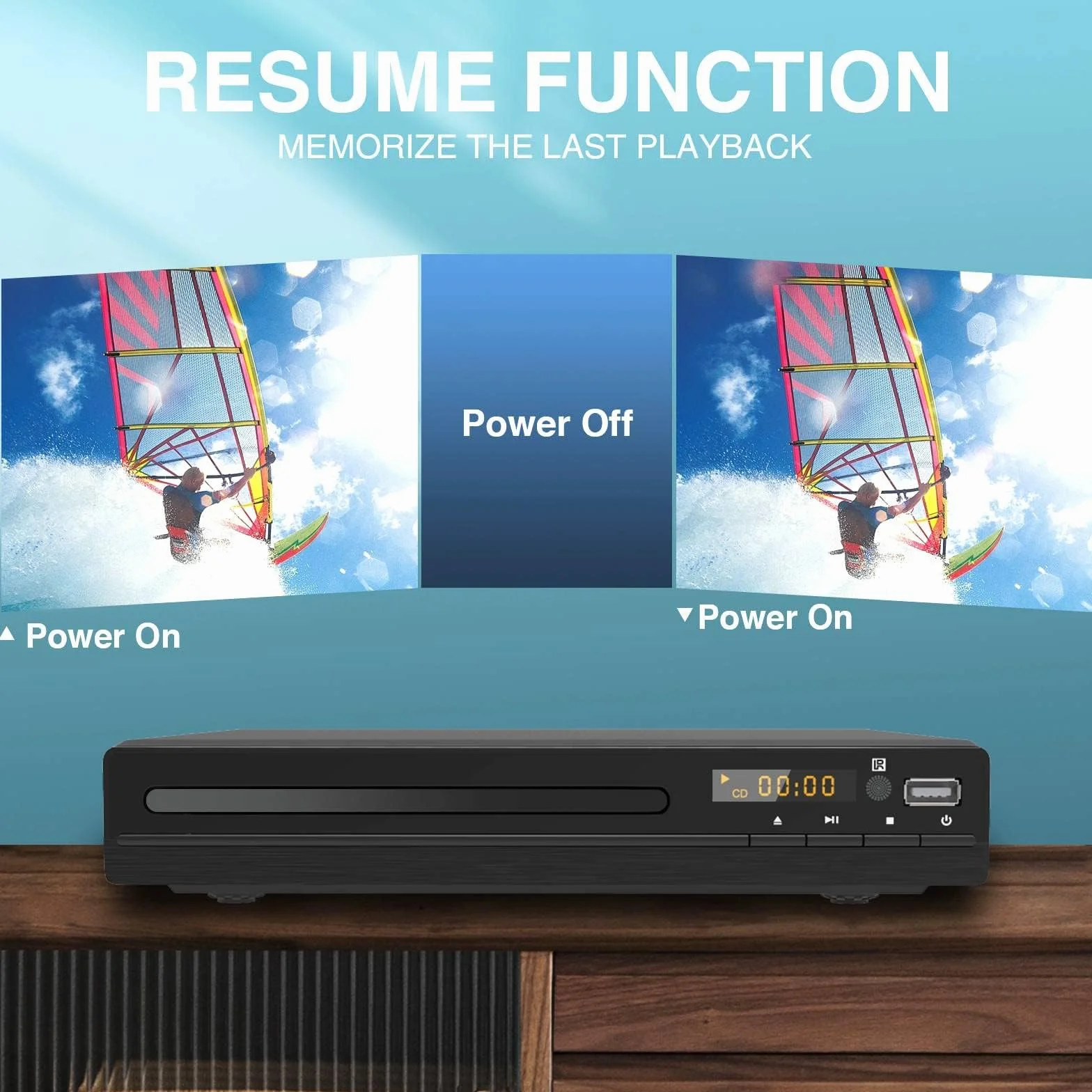 DVD CD Player für Fernseher, Up-Convert to HD 1080p, All Region, Breakpoint Memory, Eingebautes PAL/NTSC, USB 2.0