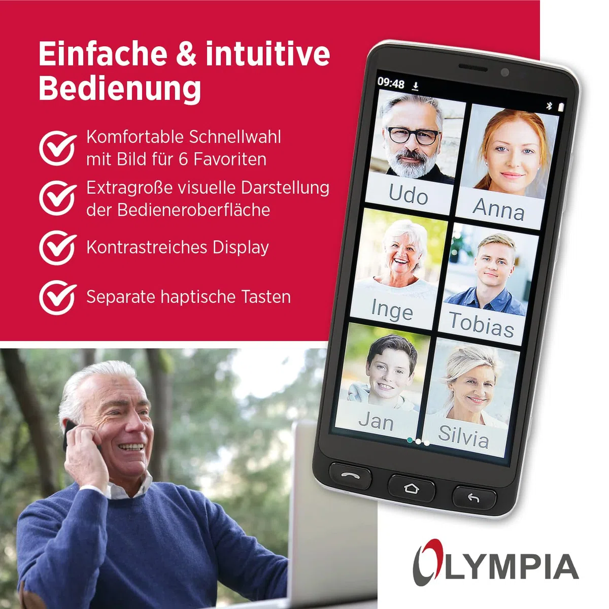Olympia NEO+ schwarz Seniorenhandy | Senioren Smartphone mit großem Display & Notruftaste | Extra einfache Bedienung | Seniorenhandy mit Whatsapp | Android 15 | Senioren Handy 4G LTE |Seniorenhandys