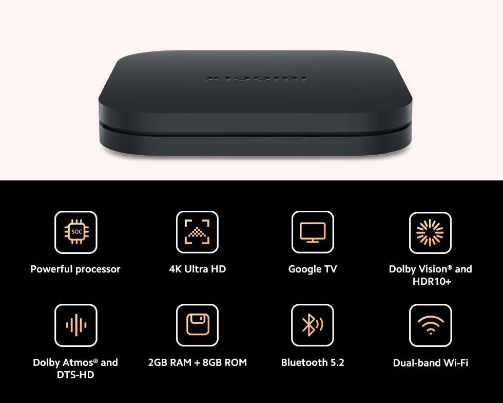 Xiaomi TV Box S (2nd Gen) 4K Ultra HD Streaming Media Player, 2GB RAM + 8GB ROM mit IR-Fernbedienung, Dolby Vision und HDR10+, DTS-HD Sound, Wireless Projection