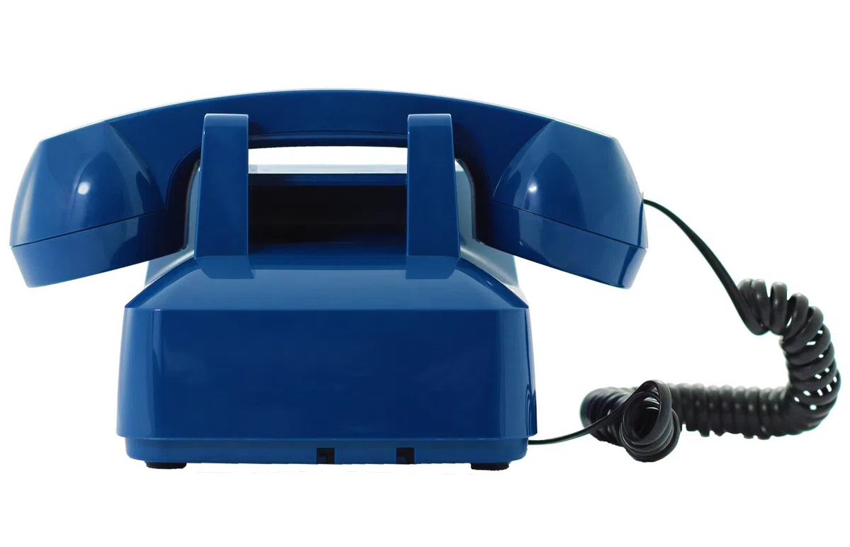Opis Technology PushMeFon Cable: 1970er Designer Retro Tastentelefon Schnurgebunden/Festnetztelefon Schnurgebunden/Retro-Telefon in modernen Farben mit Metallklingel (dunkelblau)