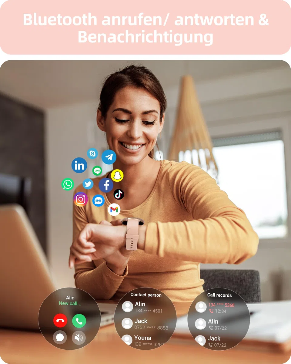 Parsonver Smartwatch Damen Rund mit Telefonfunktion, Fitnessuhr Frauen Schrittzähler, 100+ Sportmodi, IP68 Wasserdicht, Herzfrequenz Schlafmonitor SpO2, Roségold