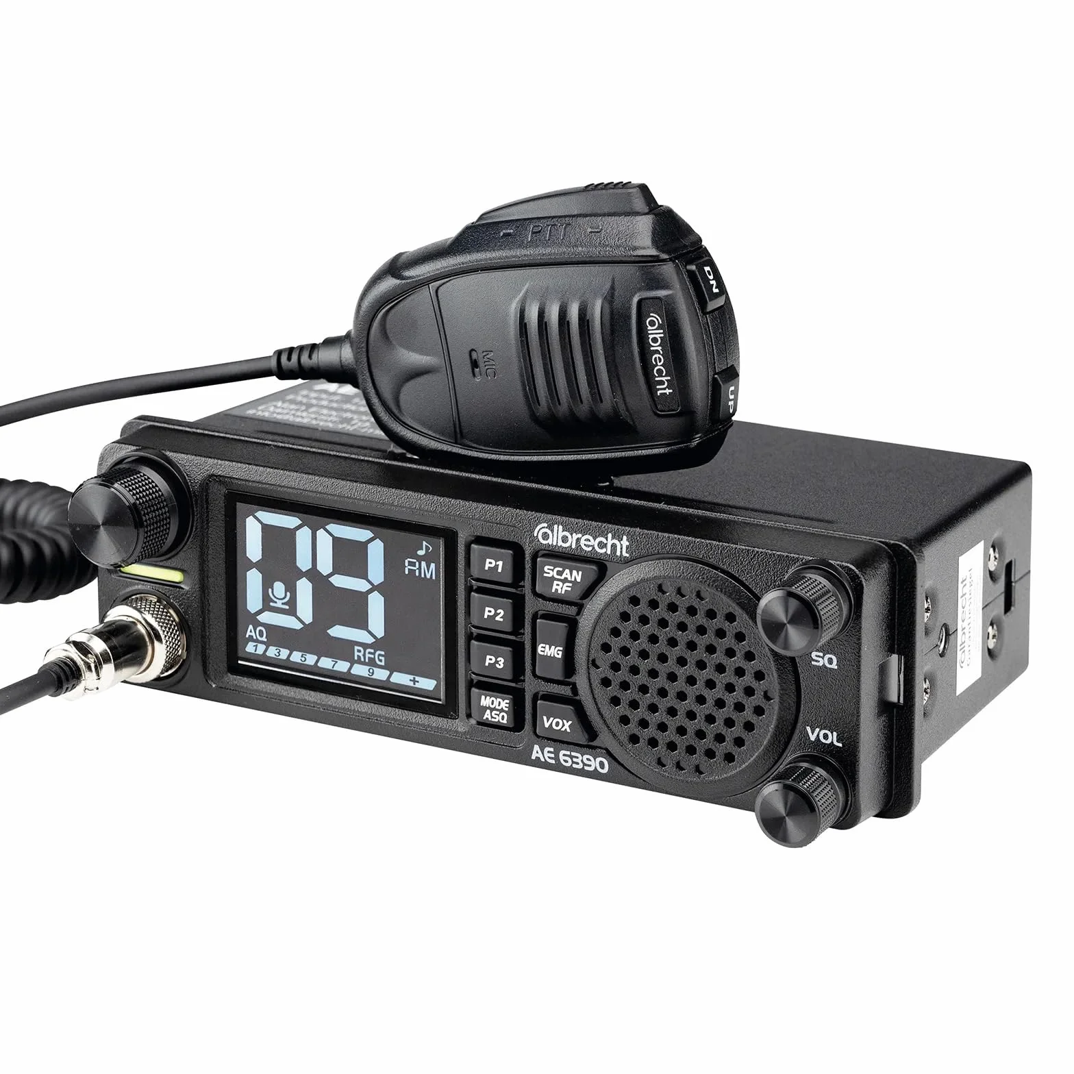 Albrecht AE 6390 CB-Funkgerät – 2,4" Display, VOX Freisprechfunktion, DIN-Einbau, 40 AM/FM Kanäle, 2W Frontlautsprecher, Kanalsuchlauf, RF Gain, inkl. Mikrofon & Zubehör, schwarz, 12639