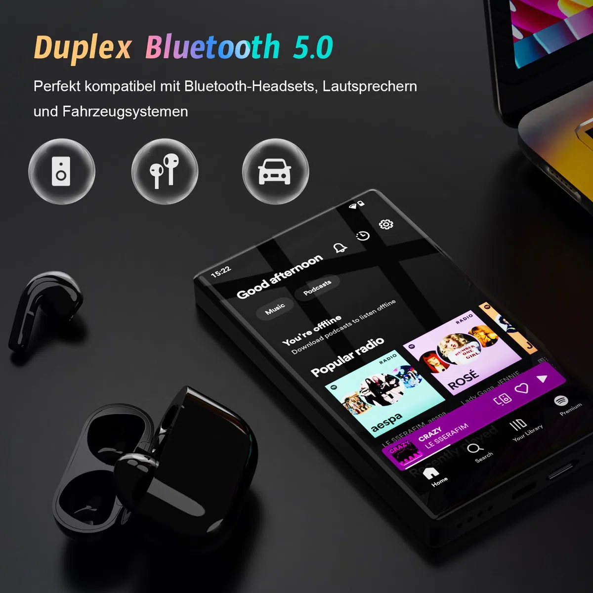 96 GB MP3 Player mit Android 13 OS, 5 Zoll MP3 Player mit Bluetooth und WiFi, 1080P HD MP4 Player, Musik Player mit vorinstallierten von Spotify, Audible und Play Store