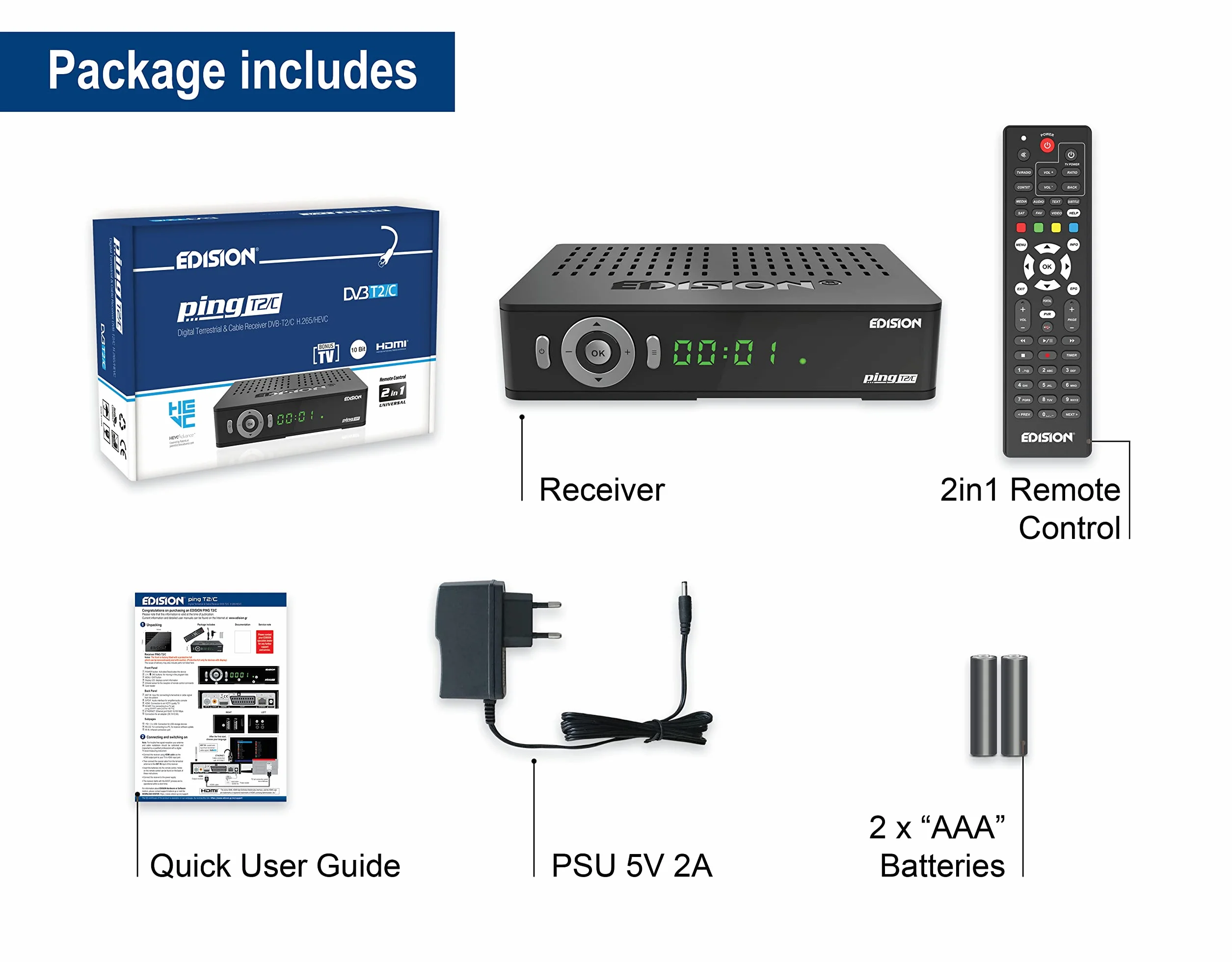 Edision PING T2 C Terrestrischer & Kabel Receiver DVB-T2 C H.265 HEVC Kartenleser Full HD PVR, 2xUSB, HDMI, SCART, LAN, S PDIF, IR-Auge, R2232, USB WiFi Support, Universal 2in1 Fernbedieung Schwarz