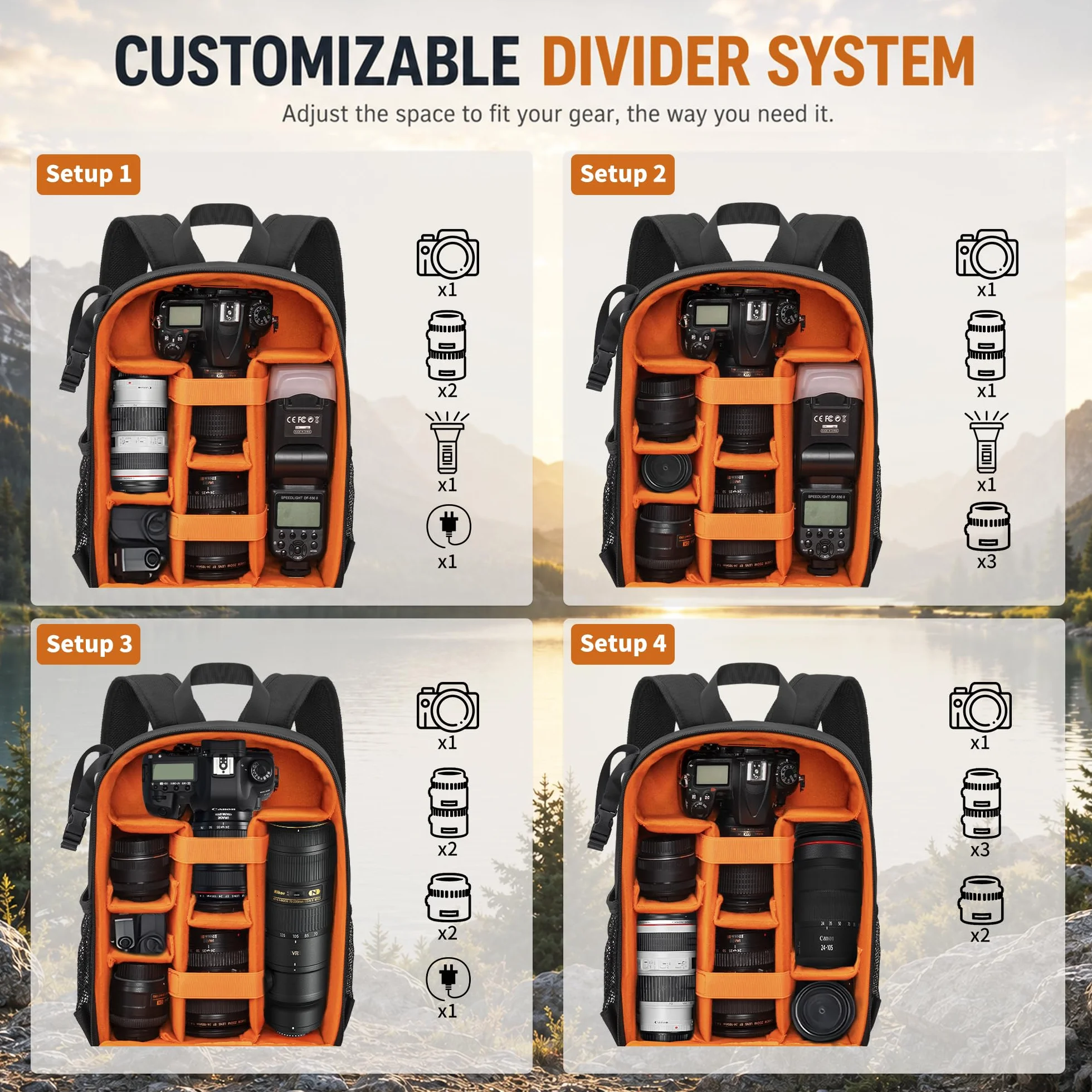 Kamerarucksack ，Für DSLR/SLR spiegellose Kamera，Schwarz-Orange (S) | Stativhalterung, Wasserdicht, Anti-Diebstahl, Für DSLR/SLR spiegellose Kamera