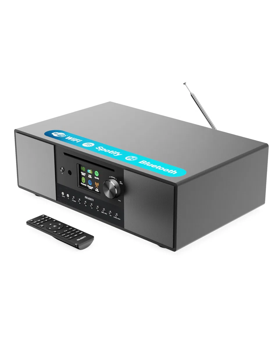 Internetradio WLAN mit CD Player | Stereoanlage Bluetooth mit Radio DAB+ & UKW | 120W 2.1 Stereo Lautsprecher mit Eingebauter Subwoofer | Küchenradio mit Spotify Connect & Podcasts | MAJORITY Quadriga
