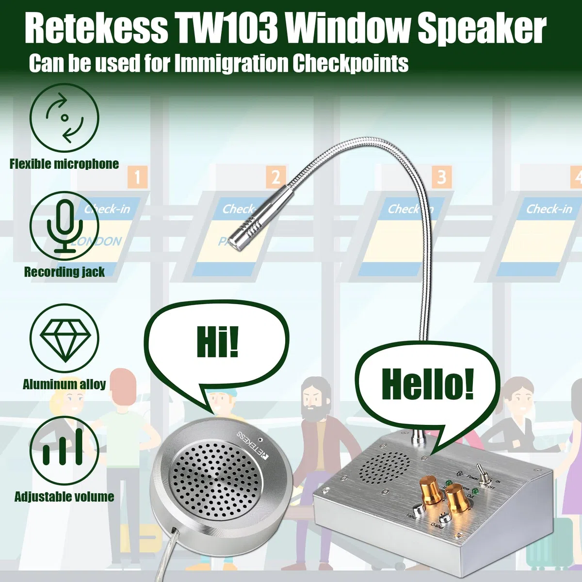Retekess TW103 Window Speaker System, Two-Way Intercom Microphone (Silver) | für Einwanderungskontrollpunkte, Bankschalter, Fahrkartenschalter, Aufnahmefunktion, Unabhängige Lautstärkeregelung
