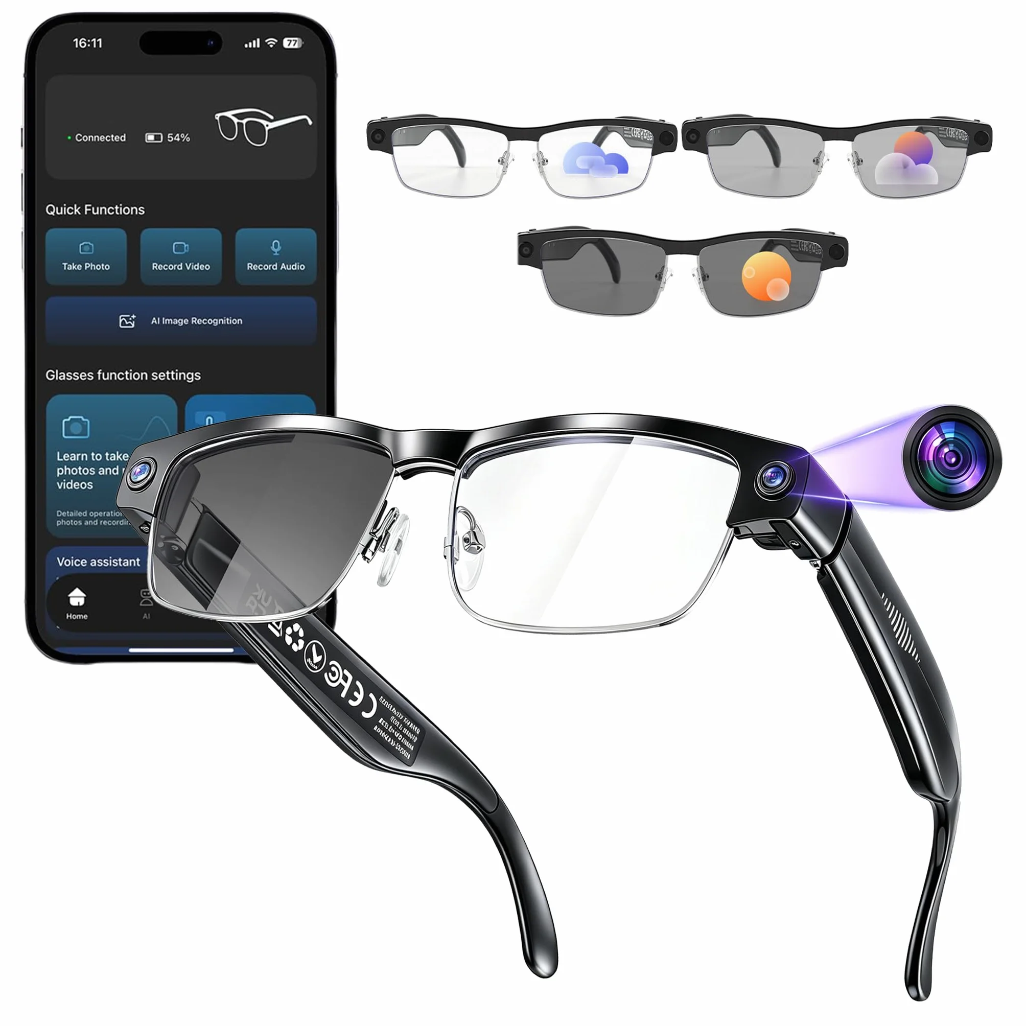 AI brille mit kamera Blaulichtfilter, 1200P HD-Auflösung Bluetooth Smart Glasses Sprachübersetzung ki Brille mit Kamera Videoaufnahme Musikwiedergabe AI Intelligente Erkennung fur Arbeiten Reisen