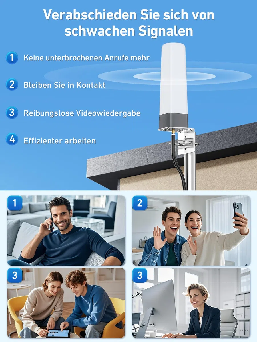 Mobilfunk Signalverstärker für Schwache Signale, Empfangsverstärker Handy für Band 1/3/7/8/20, Handynetz Verstärker für Alle Netzbetreiber, 5G 4G LTE GSM Repeater für Haus Büro Ländliche