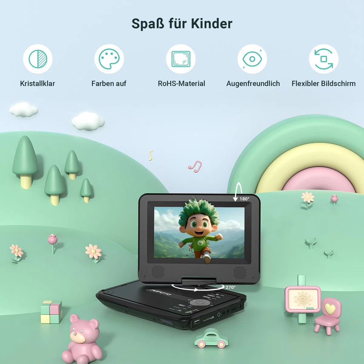 POFOTO 9,5" Tragbarer DVD Player mit 7,5" HD-Schwenkbaren Bildschirm, 4-6 Stunden Akkulaufzeit, DVD Player Auto mit Dual-Lautsprechern, Autoladegerät, Netzteil, Sync TV/USB/SD-Karte (Schwarz)