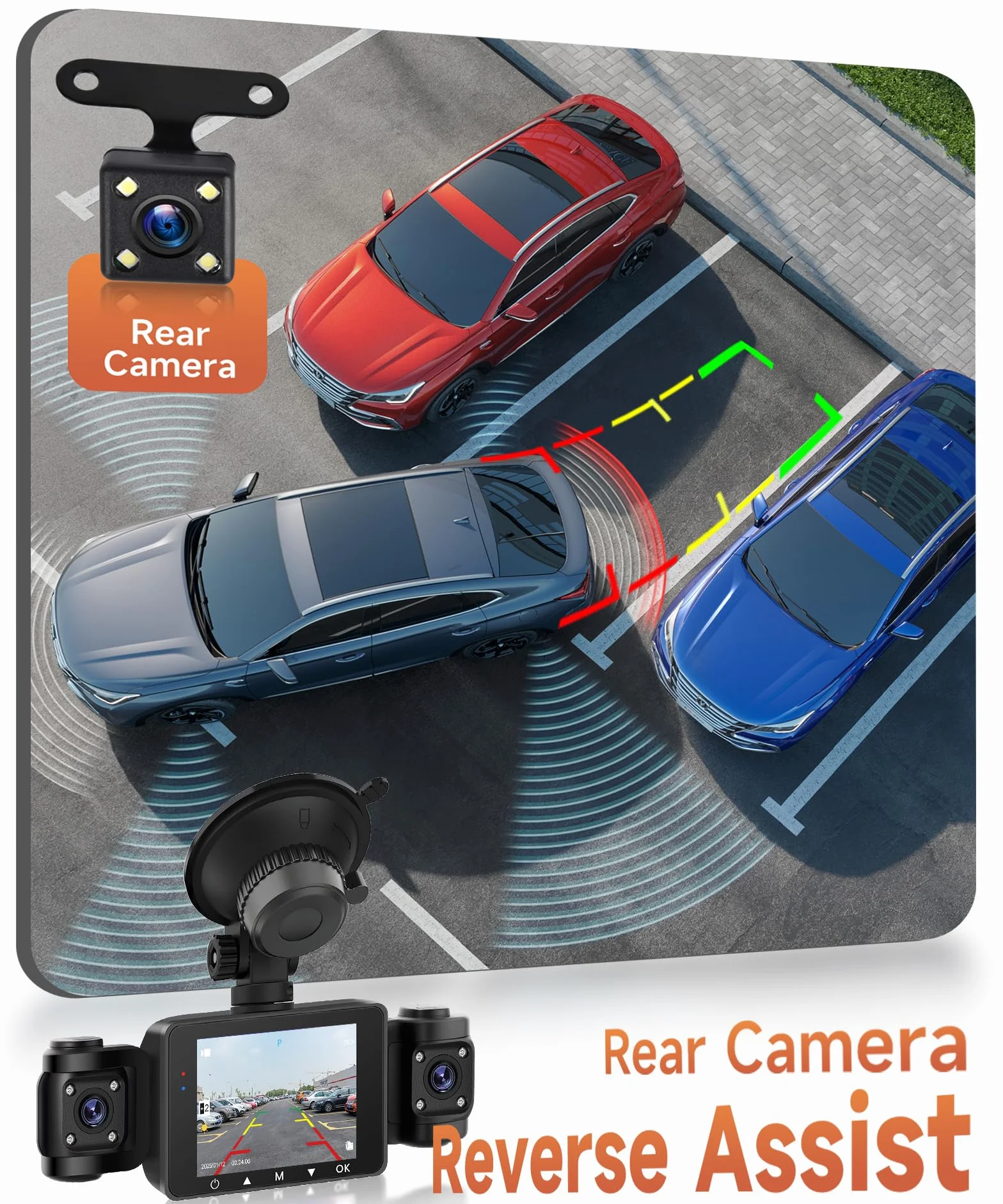 4 Kanal Dashcam Auto 360°, mit 4 x Kamera FHD 1080P Vorne und Hinten Links Rechts, 2.4 Zoll 1080P Dash Kamera Autokamera mit IR Nachtsicht/Loop Video/24H Parküberwachung/G-Sensor/Einparkhilfe