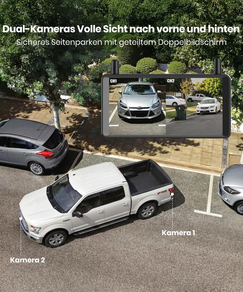 AUTO-VOX Dual Rückfahrkamera Kabellose Solar 6" 16:9-HD Display Split-Screen-Anzeige für Pkw SUVs LKW