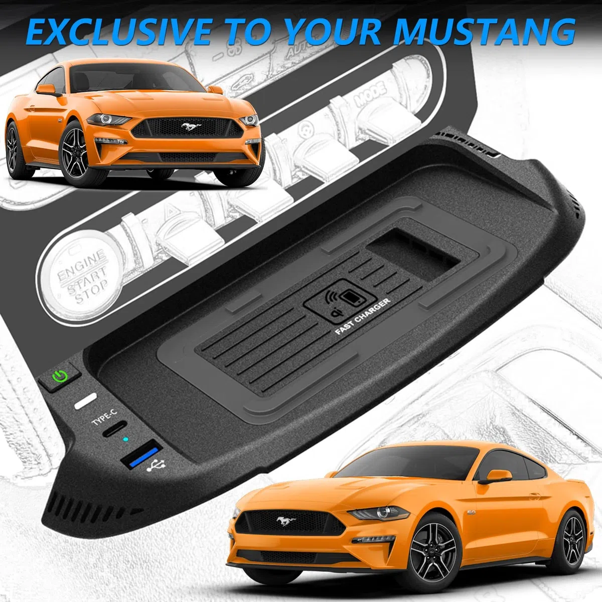 Kabelloses Ladegerät Auto für Ford Mustang 2022 2021 2020 2019 2018 2017 2016 2015, 15W Qi Schnellladendes Handy-Ladegerät mit QC3.0-USB-Anschluss für iPhone 12/13/13 Pro Samsung S22/S21