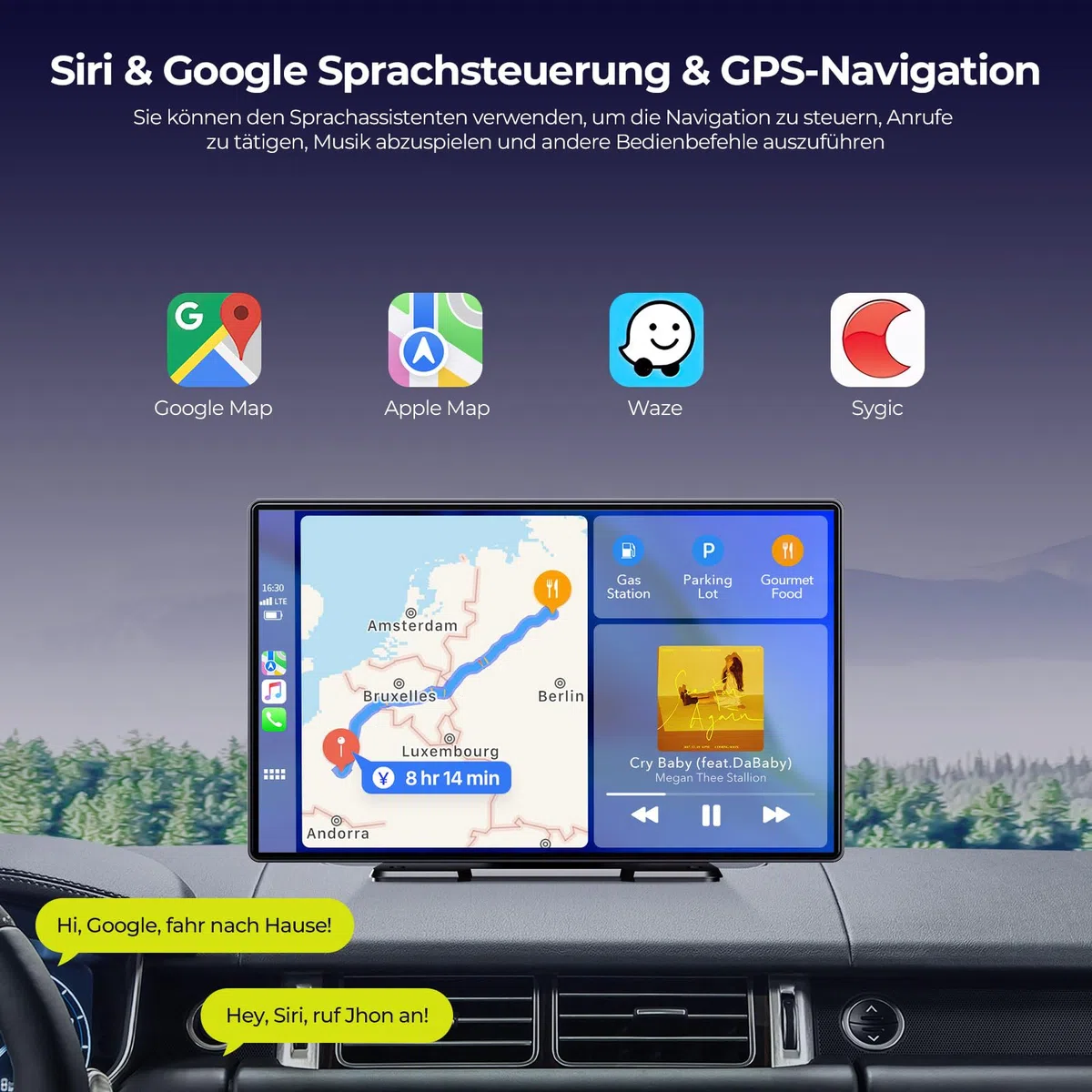 LAMTTO 9 Zoll CarPlay Display Wireless Carplay Android Auto Tragbares Autoradio mit 2.5K Front Dashcam&rückfahrkamera,64GB TF-Karte Auto-Elektronik mit Siri/G00gle Navigation Mirror Link Bluetooth