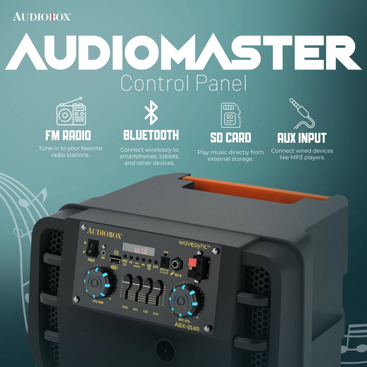 Audiobox ABX-214R Dual 30,5 cm tragbarer Bluetooth-Lautsprecher, leicht, aber laut mit BASS, RGB-Partylichtern, kabellosem Mikrofon, Lautstärke, Höhen und Bassreglern, 94 cm hoch