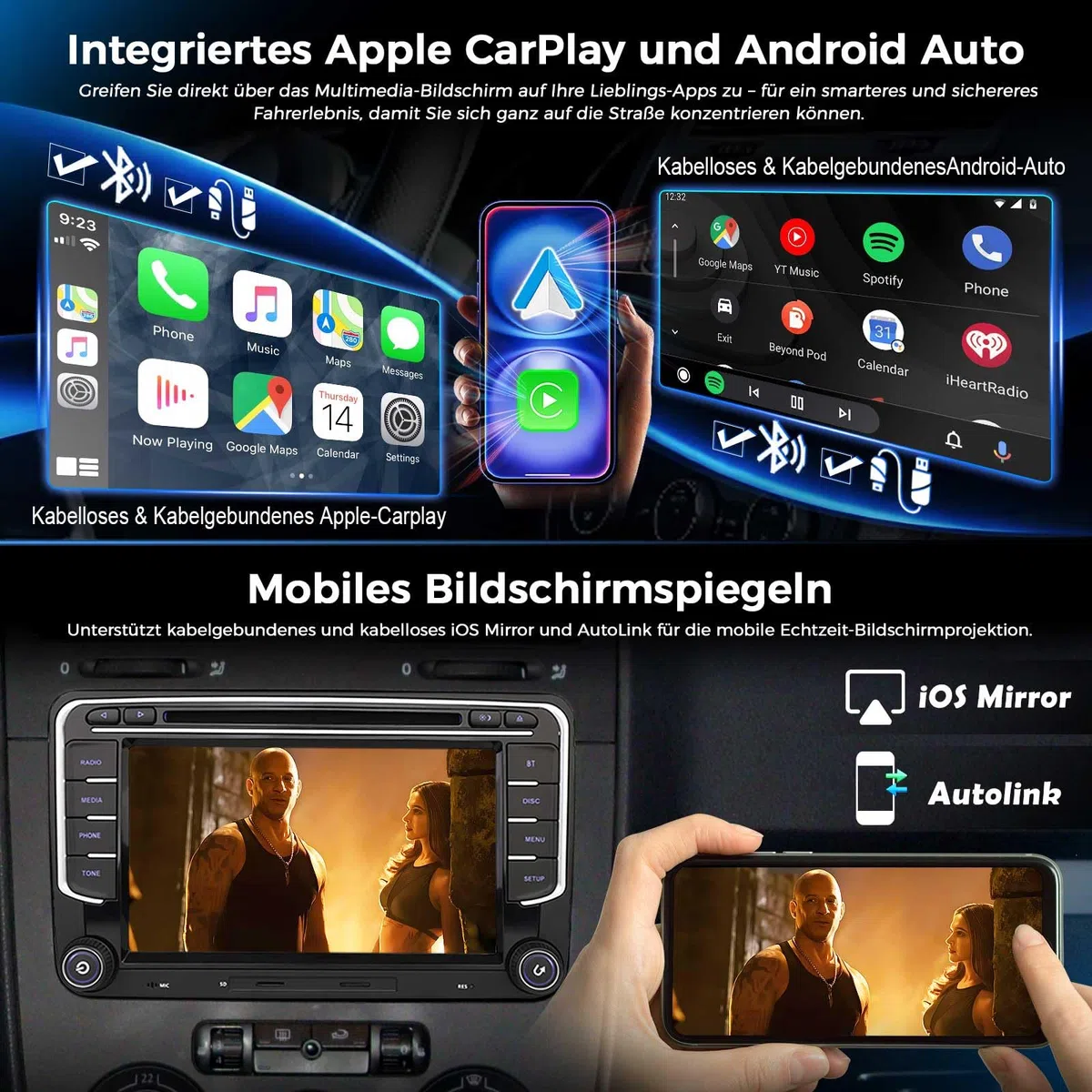 DAB+ Digitalradio Autoradio Linux für VW Caddy MK3/4 Polo 6R Crafter Amarok Transporter T6 Skoda Yeti Navigation CD | CarPlay & Android Auto | WiFi USB Bluetooth 5.1 Kamera CANBus DSP RDS Schnellstart